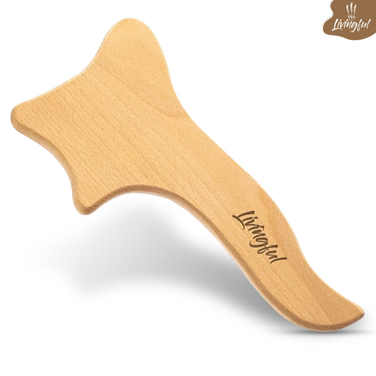 The "Livingful" brand Premium Wood Massage Tool 4 Sides, designed in the shape of a fish, is ideal for lymphatic drainage and acts as an effective cellulite massager.