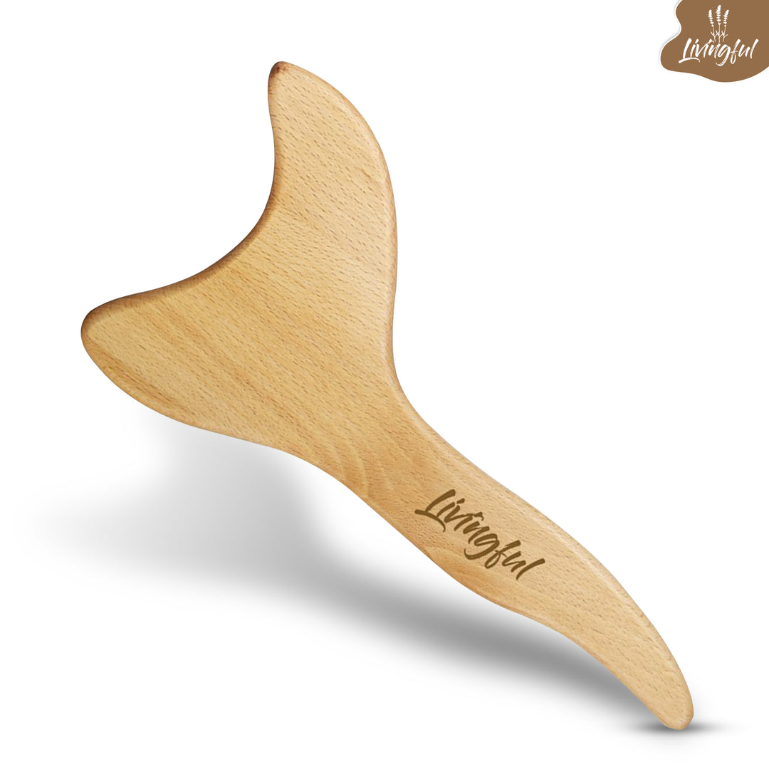 The Livingful Premium Wood Massage Tool 3 Sides showcases an innovative whale tail design and prominently displays the Livingful logo on its handle, making it ideal for lymphatic drainage or as a powerful cellulite massager.