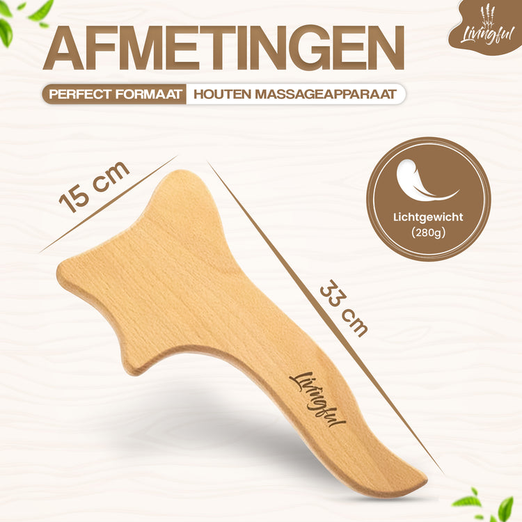 The "Livingful" Premium Wood Massage Tool 4 Sides, designed for lymphatic drainage, measures 15 cm by 33 cm and weighs 280g. Its curved shape makes it an effective cellulite massager, enhancing your wellness routine.