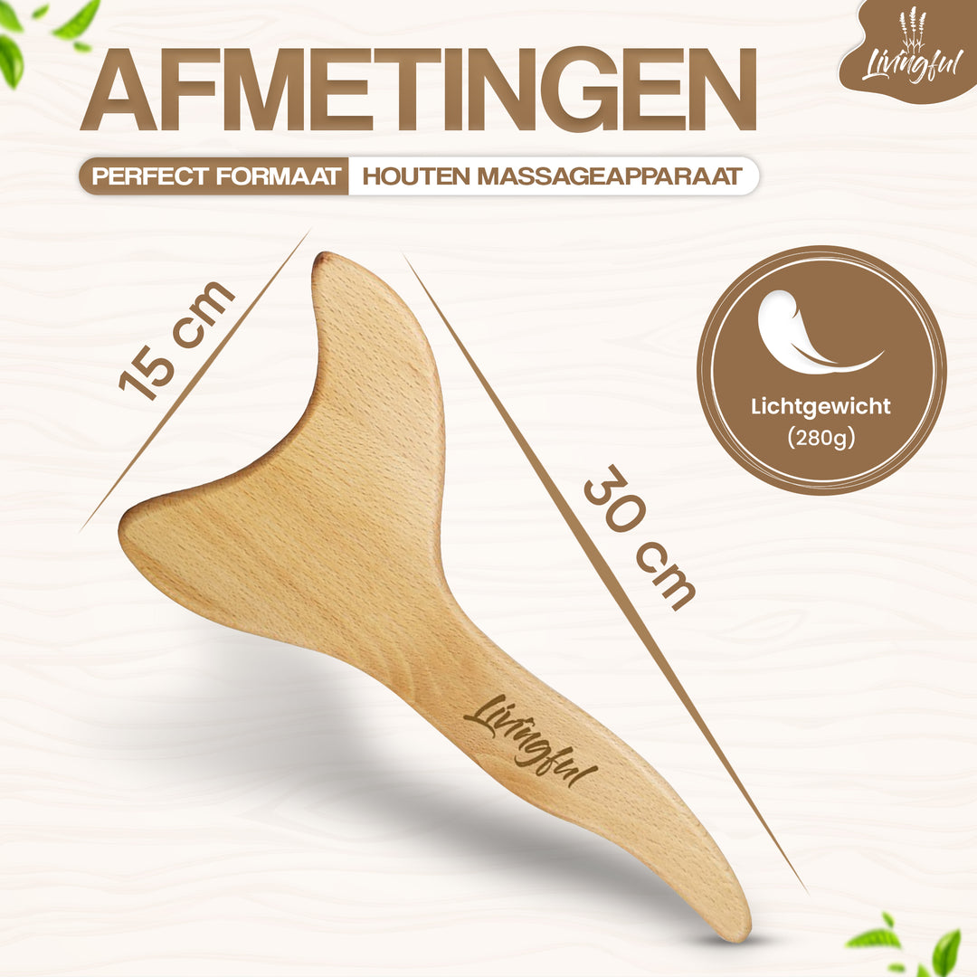 The Premium Wood Massage Tool 3 Sides by Livingful, sized at 15 cm by 30 cm, boasts a curved design and is perfect for lymphatic drainage. Weighing just 280g, this lightweight Gua Sha tool effectively promotes relaxation and relieves tension.