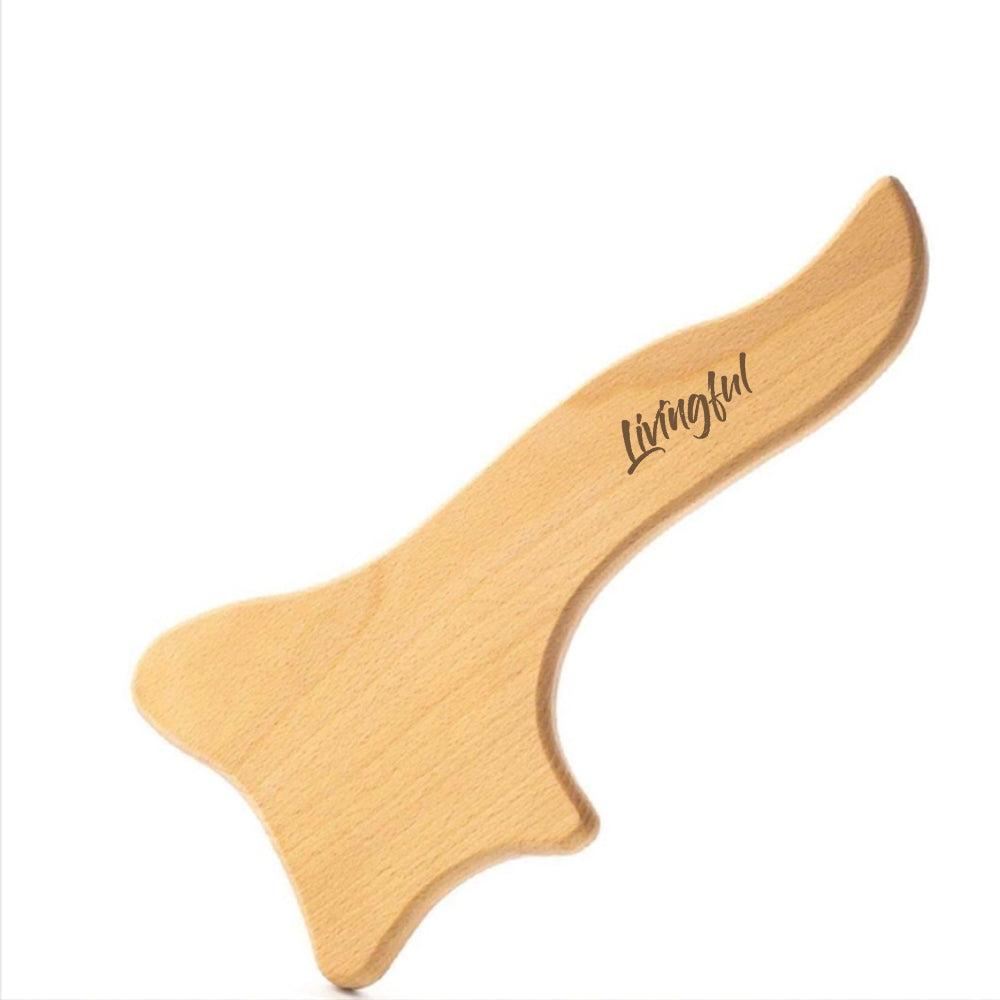 This exquisitely designed Premium Wood Massage Tool 4 Sides by Livingful, crafted in a curved hook shape, is an excellent Gua Sha tool. It bears the brand's elegant engraving and is ideal for those looking to improve lymphatic drainage along with their relaxation regimen.