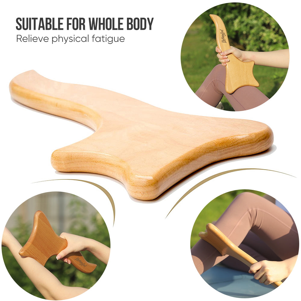 The Livingful Premium Wood Massage Tool 4 Sides is depicted in a close-up, being used as a cellulite massager on a person's leg and forearm to enhance lymphatic drainage. The accompanying text highlights its suitability for the whole body and its ability to alleviate physical fatigue.