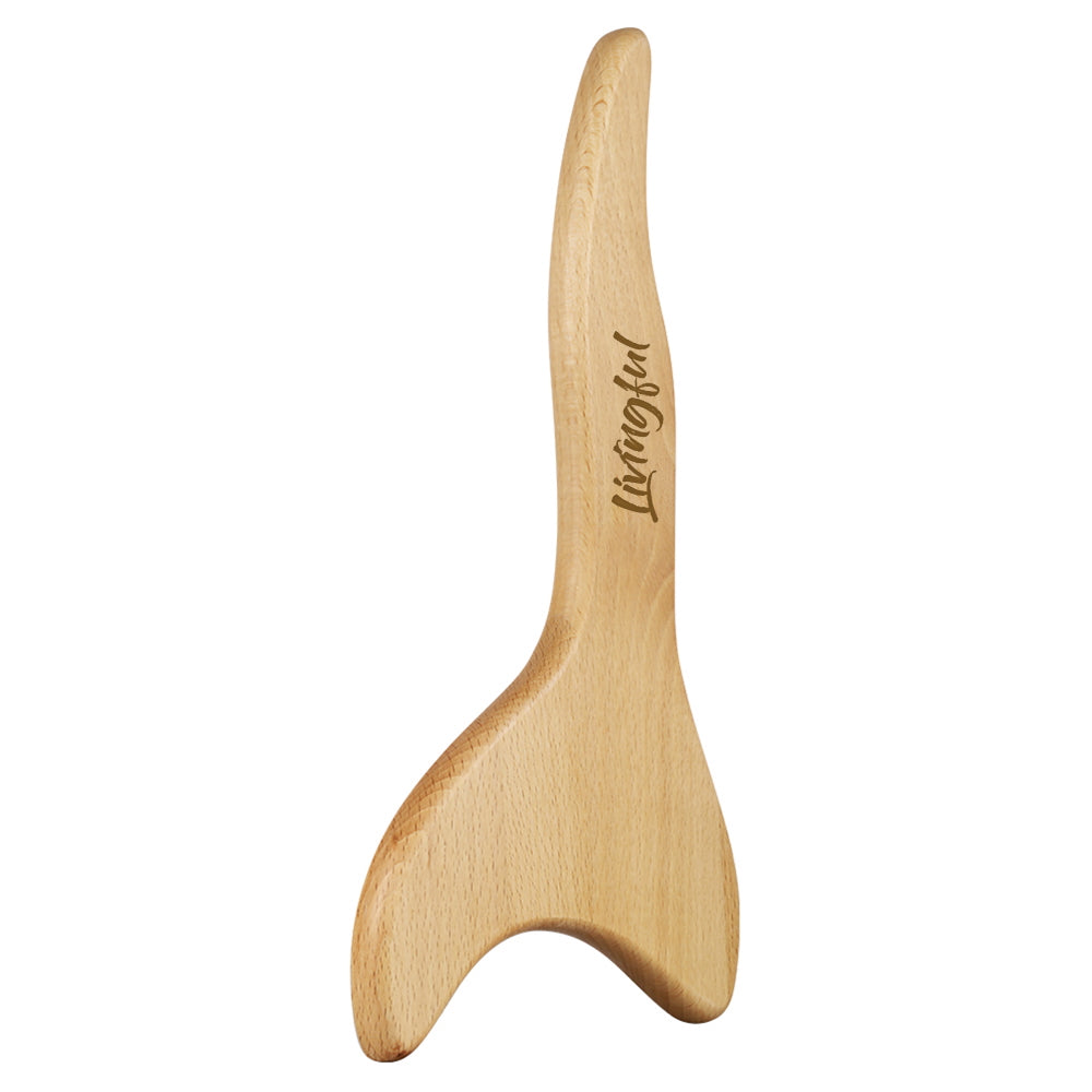 A massage tool made of premium wood designed for lymphatic drainage, featuring an ergonomic shape and engraved with the brand name "Livingful.