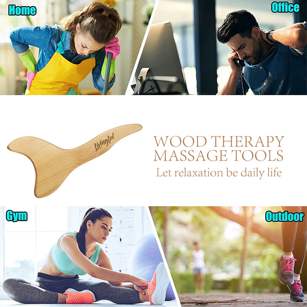 The image is split into four sections showing people at home, in the office, at the gym, and outdoors. In the center, text reads: "Livingful Premium Wood Massage Tool 3 Sides - Integrate relaxation into your daily routine," accompanied by a wooden tool ideal for lymphatic drainage and cellulite massage benefits.