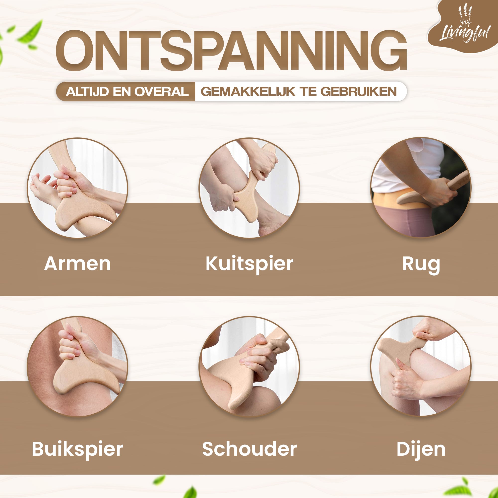 Diagram illustrating the Premium Wood Massage Tool 3 Sides by Livingful, designed for use on various body parts, such as arms, calves, back, abdominal muscles, shoulders, and thighs. Text: "Ontspanning en Gua Sha massage altijd en overal. Gemakkelijk te gebruiken.