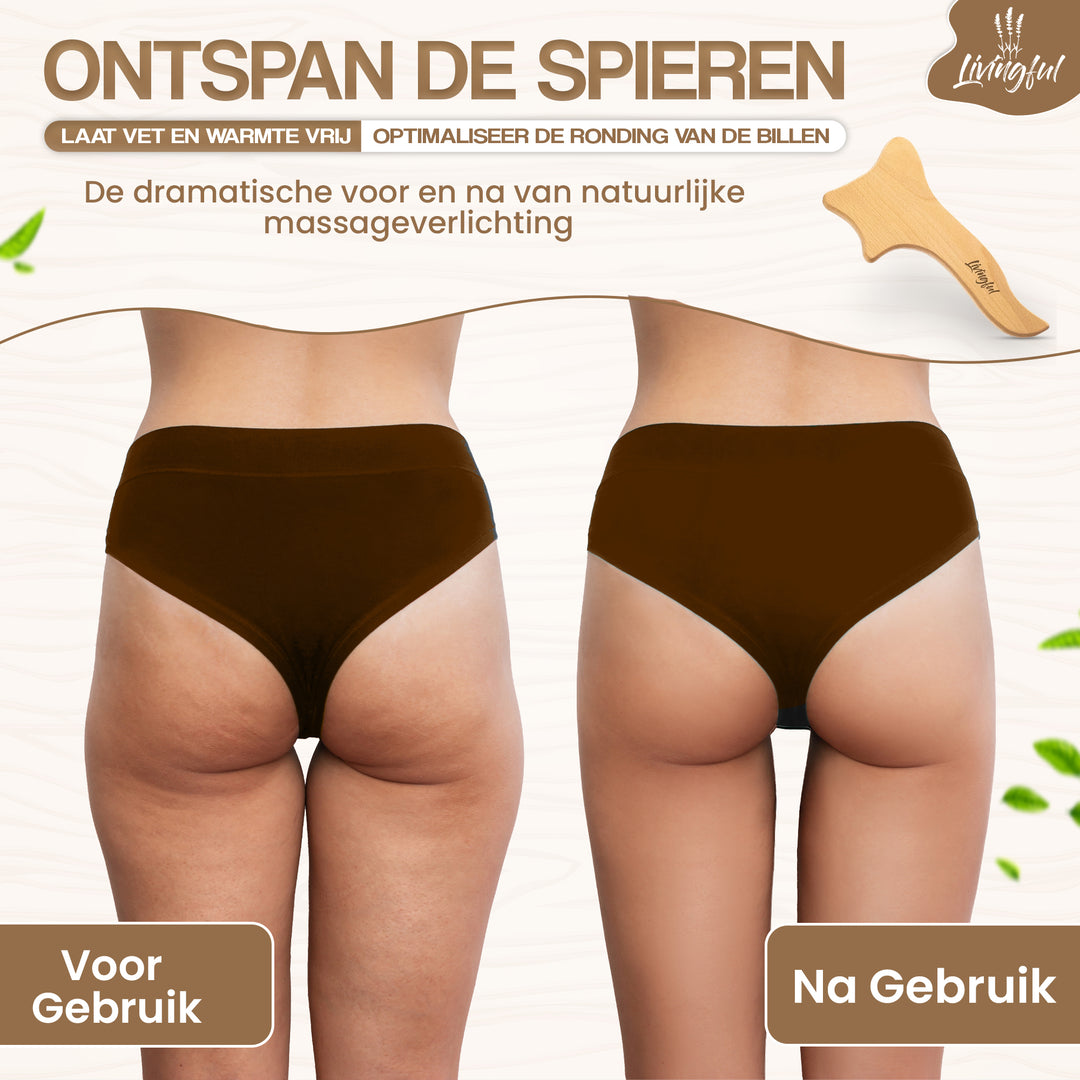 The before and after image depicts the back view of a woman. The left side is labeled "Voor Gebruik," while the right side is labeled "Na Gebruik," showcasing the benefits of the Livingful Premium Wood Massage Tool 4 Sides on the skin, such as enhanced lymphatic drainage.