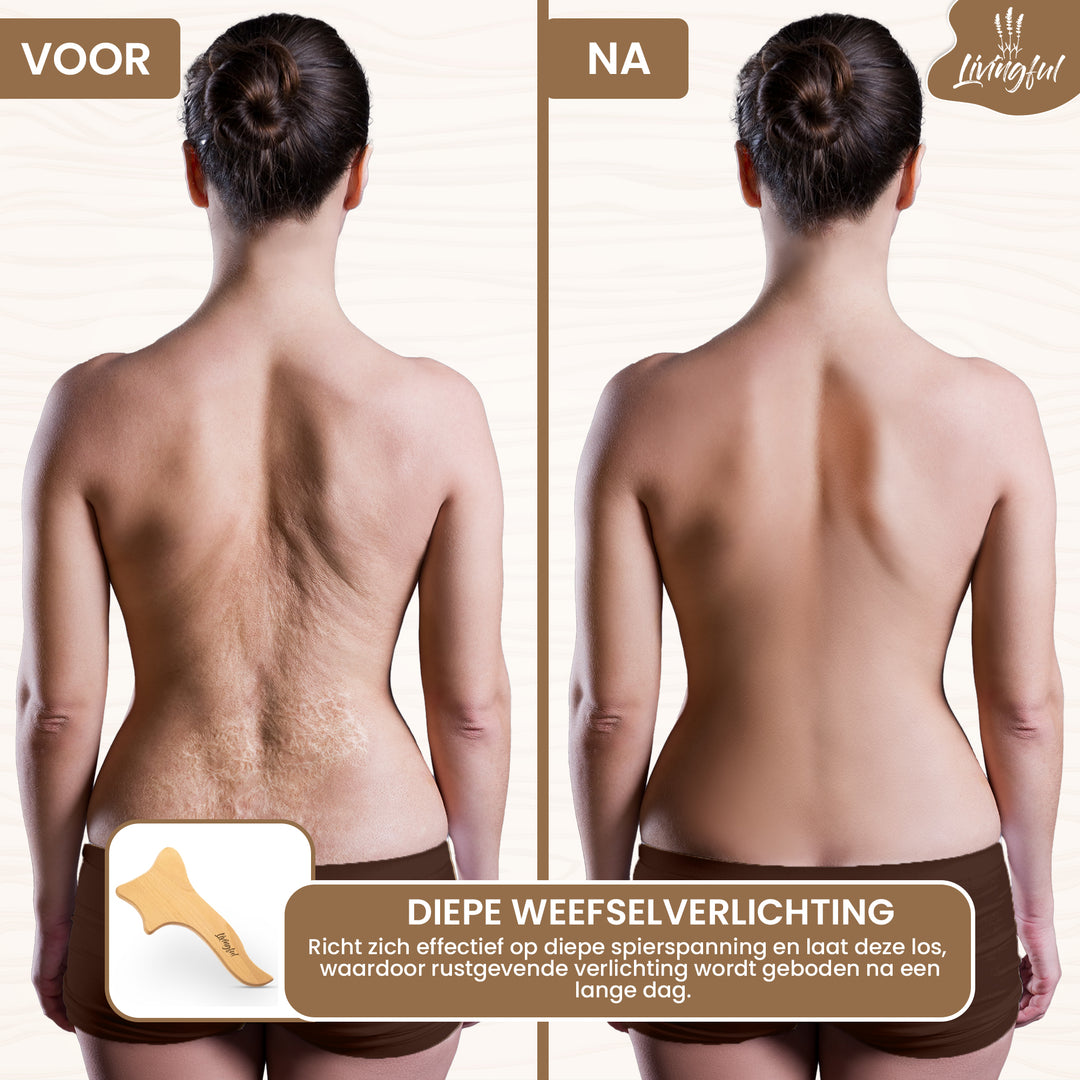 A before and after comparison of a woman's back demonstrates skin improvement with the use of the Livingful Premium Wood Massage Tool 4 Sides. The text below emphasizes its benefits in providing deep tissue relief and promoting lymphatic drainage for enhanced results.