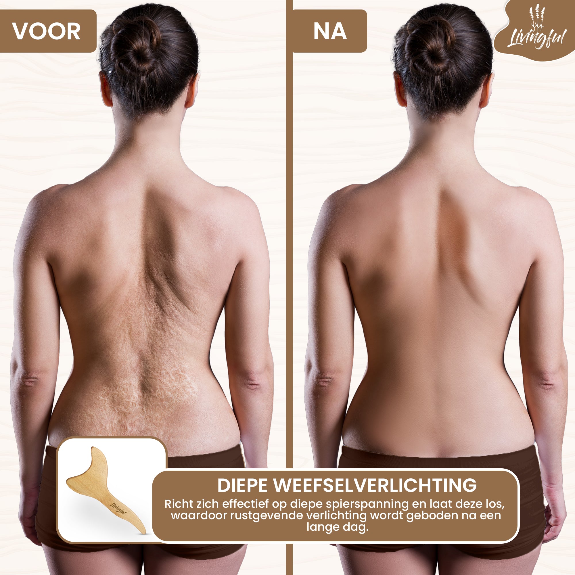 In two images, a woman is shown from the back: on the left, labeled "before," her skin appears textured, while on the right, it looks noticeably smoother. Below these images is the Livingful Premium Wood Massage Tool 3 Sides, emphasizing its potential benefits for improving skin smoothness and texture.