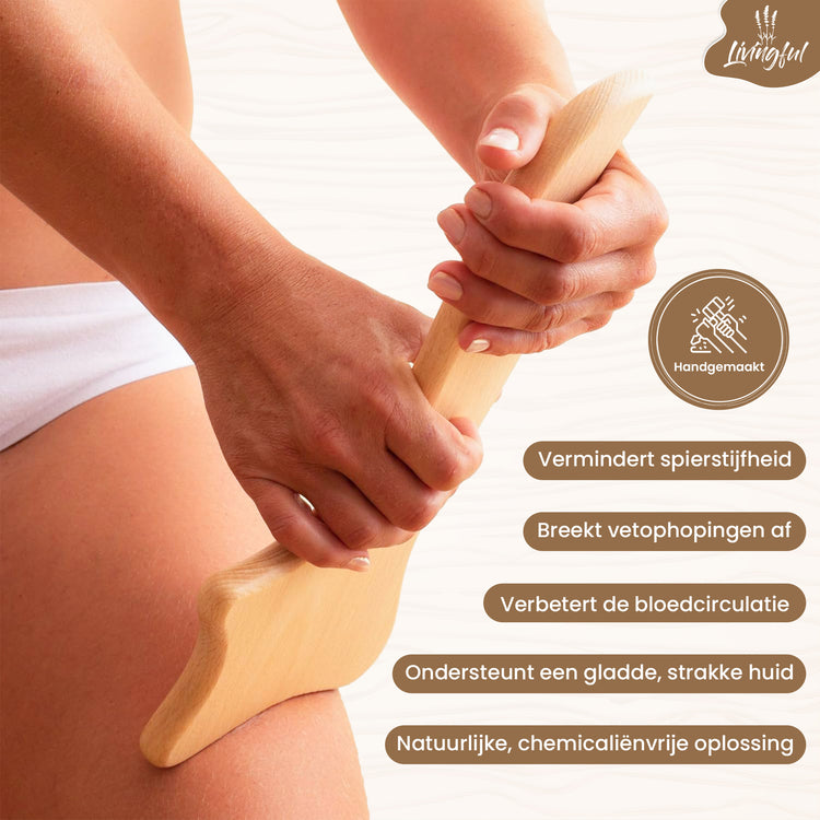 A person uses the Livingful Premium Wood Massage Tool 4 Sides on their thigh, which functions like a cellulite massager. This product highlights benefits such as reducing stiffness, promoting lymphatic drainage, and improving circulation.