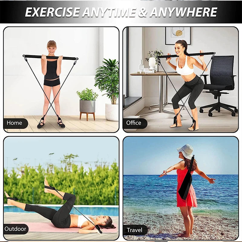 Four images display the IPCBEC Multifunctional Pilates Bar in action across different settings: at home, in the office, outdoors, and on the beach. Accompanying text states "Exercise Anytime & Anywhere," highlighting its adjustable buckle that allows you to tailor your workout for any location.