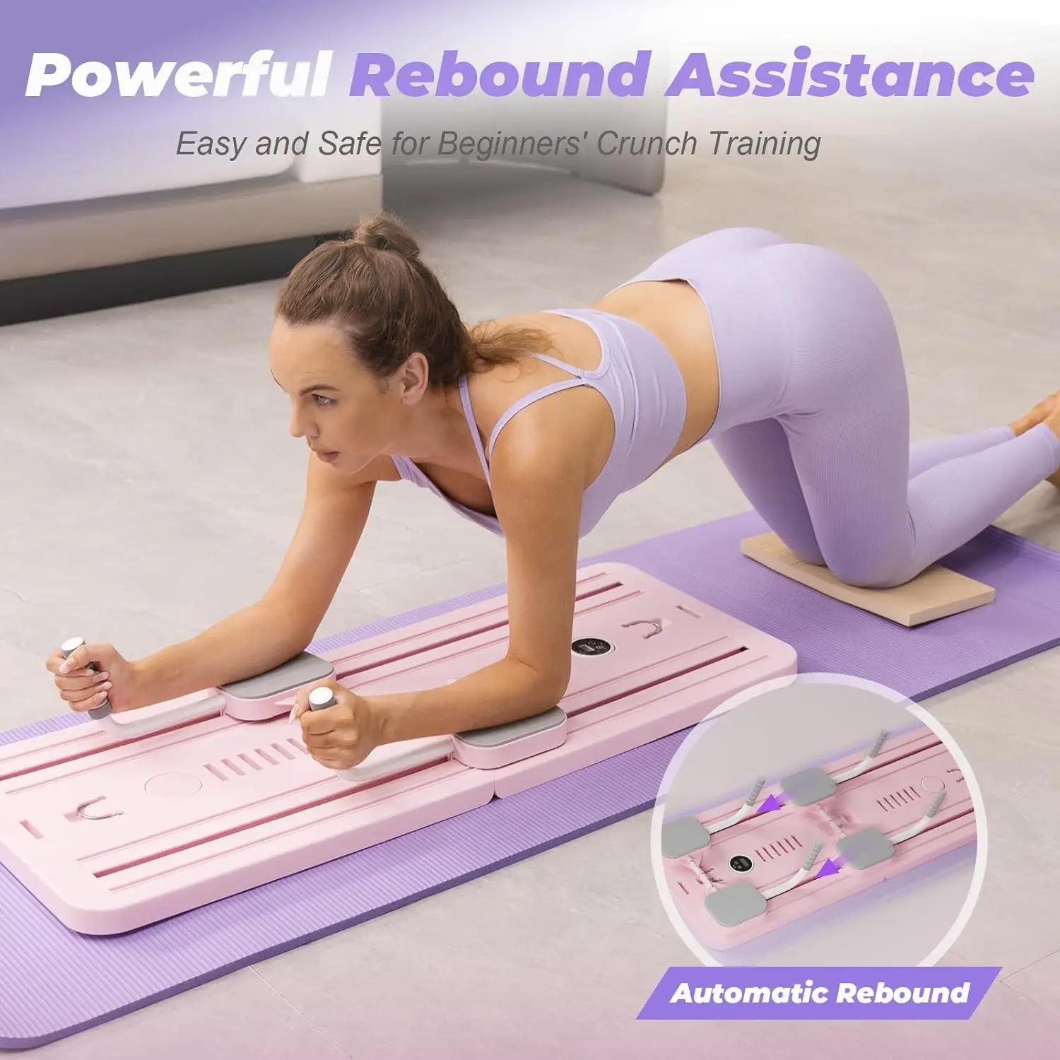 A person in activewear uses a pink Multifunctional Fitness Board 5in1 by NENC on a yoga mat for assisted crunches, showcasing its advanced features during core strength workouts.