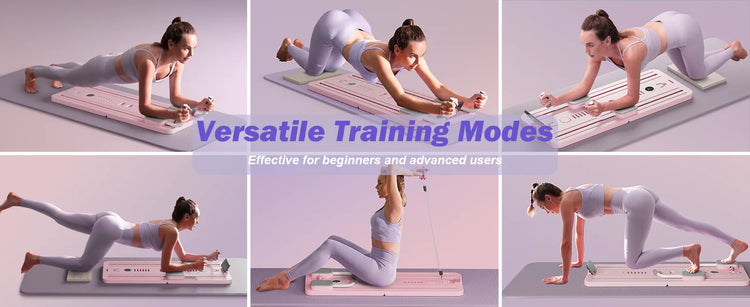 A woman showcases different exercises on the Multifunctional Fitness Board 5in1 in pink. Text reads: "Versatile Training Modes with Core Strength Workouts - Perfect for both beginners and advanced users. Brand: NENC.