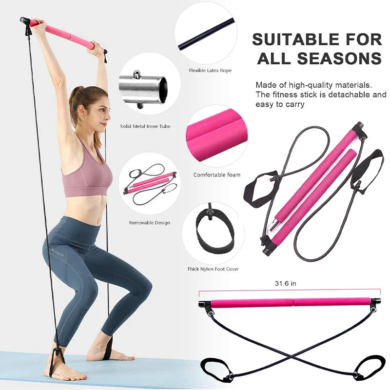 A woman exercises with an IPCBEC Multifunctional Pilates Bar kit, which features resistance bands. The image highlights its product features: a flexible rope, adjustable buckle, solid metal inner tube, detachable design, and comfortable foam grips.