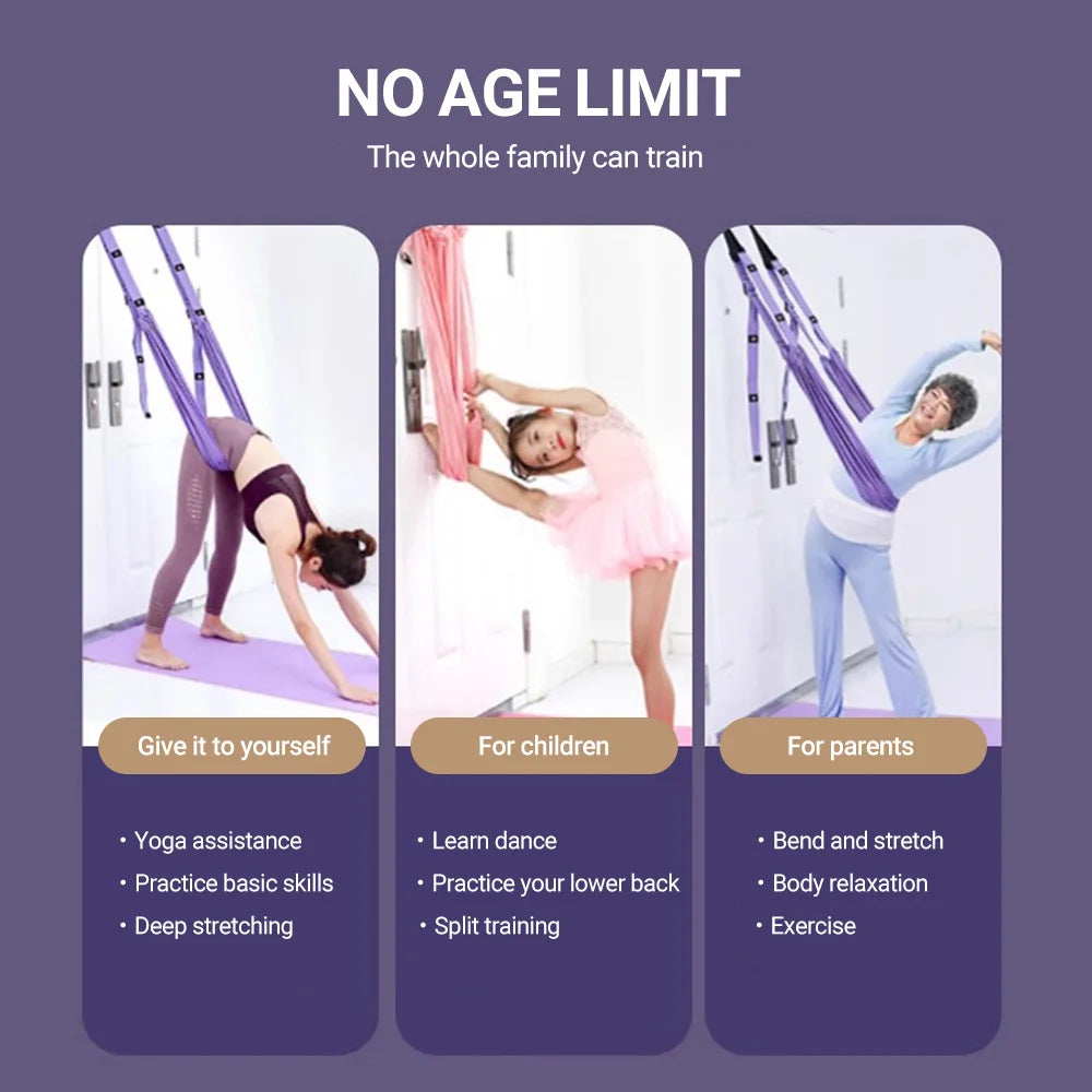 Three individuals showcase exercises with the ST Original Aerial Yoga Strap: a woman stretches using the flexibility strap, a child practices dance moves, and a man executes a side bend. The caption recommends this versatile tool for people of all ages to improve their yoga skills.