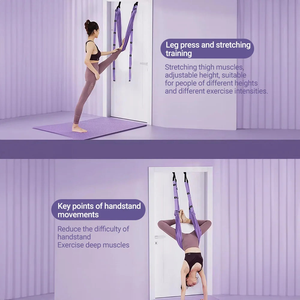 Using the ST Original Aerial Yoga Strap in a vibrant purple hue, an individual enhances their leg press and stretching routine. They then demonstrate their yoga skills with a handstand, highlighting benefits such as improved muscle flexibility and making handstands easier.