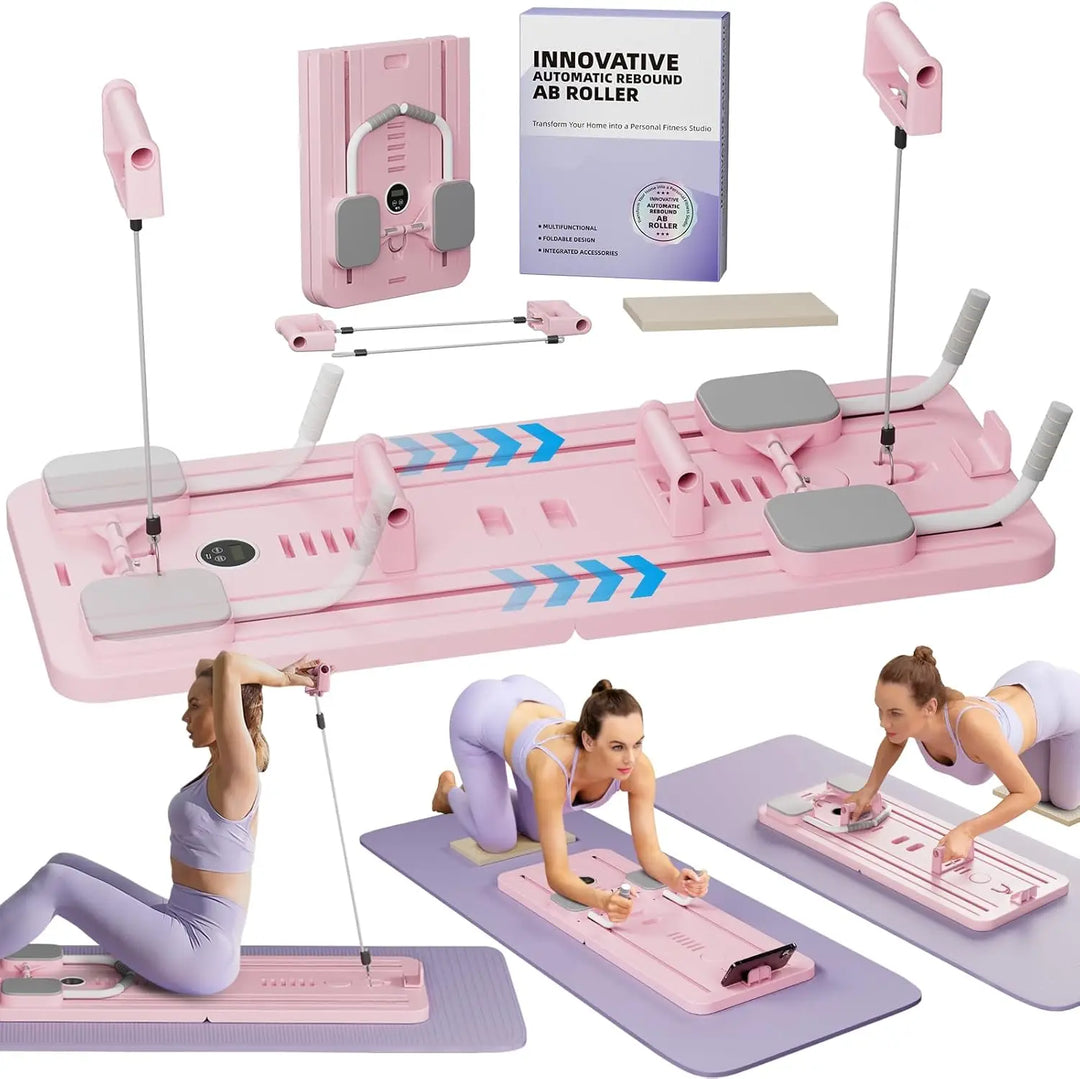 The NENC Multifunctional Fitness Board 5in1 is displayed, featuring adjustable components. It comes with a foldable mat for added comfort during core strength workouts and showcases various exercises with a person in workout attire.