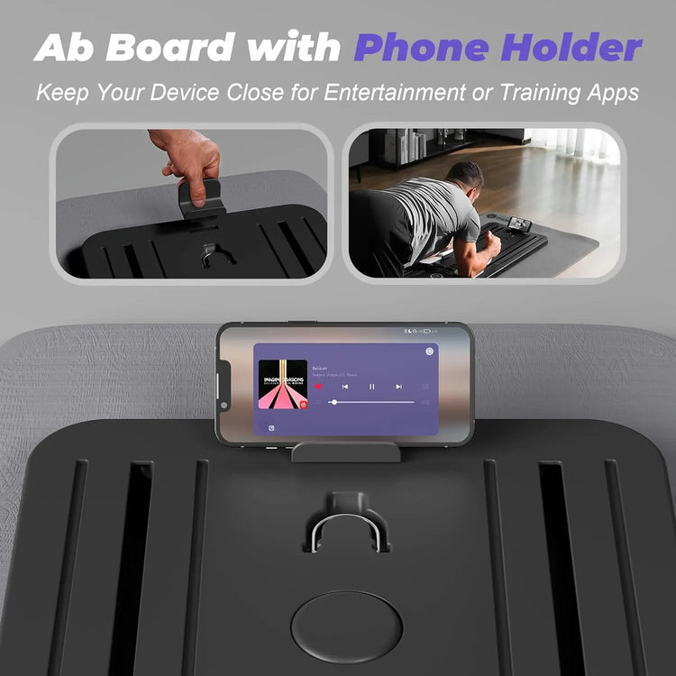 Multifunctional Fitness Board 5in1 by NENC, featuring a phone holder and images of someone working out, alongside an Abdominal Exercise Machine that plays music. With text emphasizing its use for entertainment or training apps, it is ideal for core strength exercises.