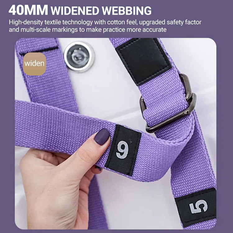 Close-up of the ST Original Aerial Yoga Strap featuring a purple adjustable stretch design with a black metal buckle and numeric markings. The image text emphasizes its 40mm widened webbing with a cotton feel, enhanced safety, and flexibility perfect for improving your yoga skills.