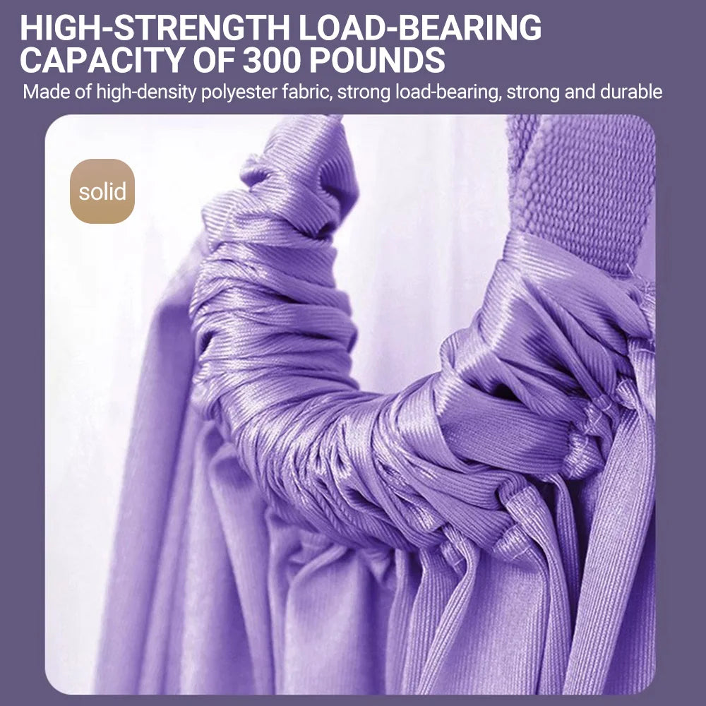 Close-up of the ST Original Aerial Yoga Strap in a purple hue, showcasing its tightly woven, high-density polyester fabric and flexible strap. It supports up to 300 pounds, with text emphasizing its strength and durability—ideal for enhancing your yoga skills.