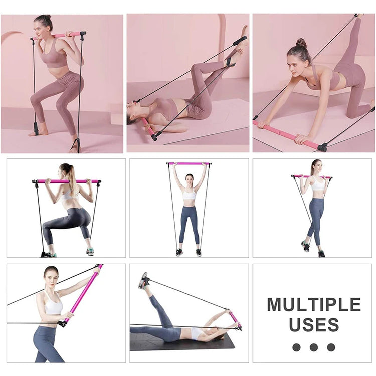 A woman showcases a range of exercises with the IPCBEC Multifunctional Pilates Bar, featuring adjustable buckles, in a series of images that highlight its diverse workout applications.