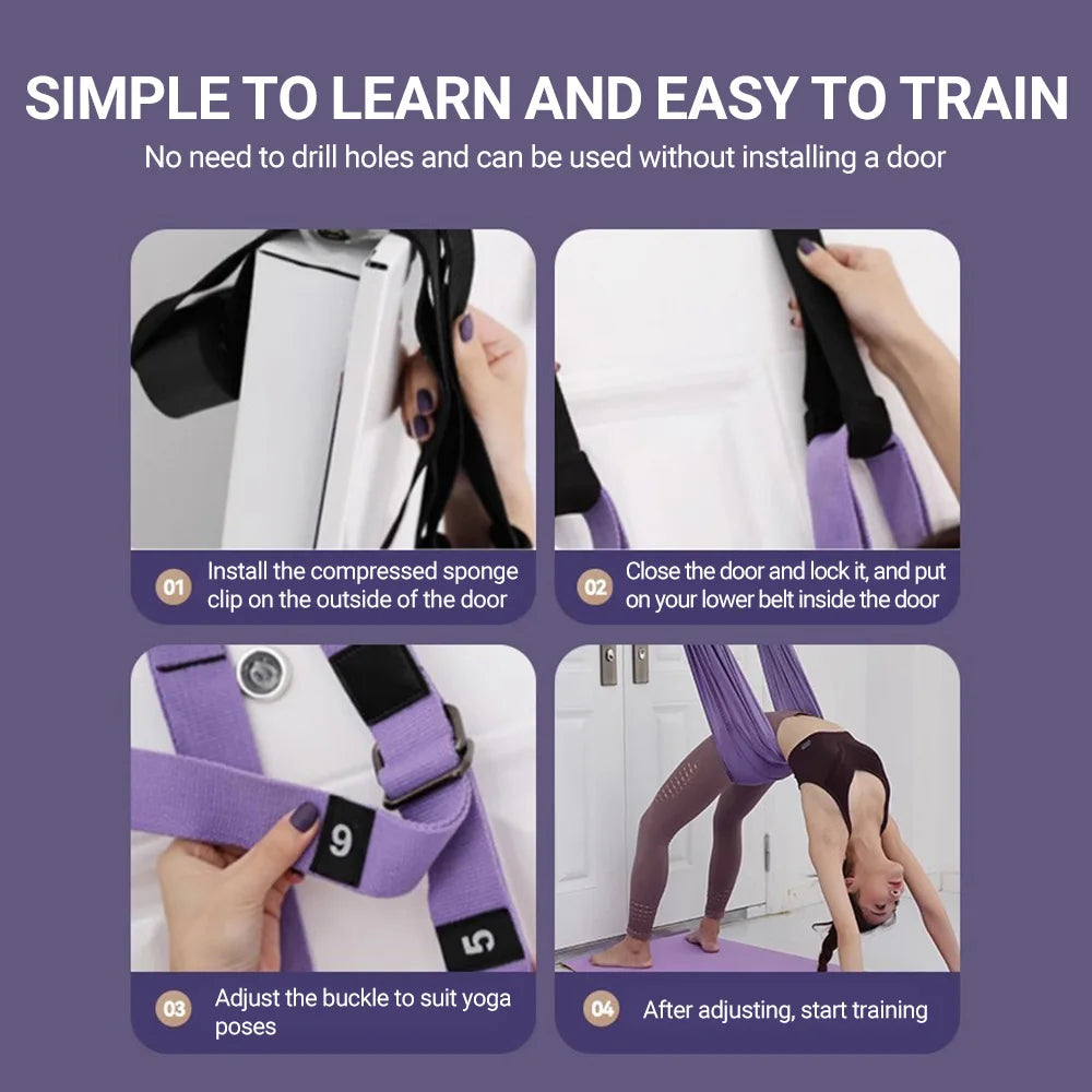 This step-by-step guide shows you how to install and use the ST Original Aerial Yoga Strap in purple on a door without drilling: attach the clip, secure the door, adjust the buckle, and begin improving your yoga skills with a woman showcasing an ideal pose.