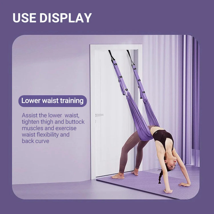 An individual showcases remarkable yoga abilities with an Aerial Yoga Strap by ST Original, attached to a door and augmented by the use of an adjustable stretch strap, while performing a backbend.