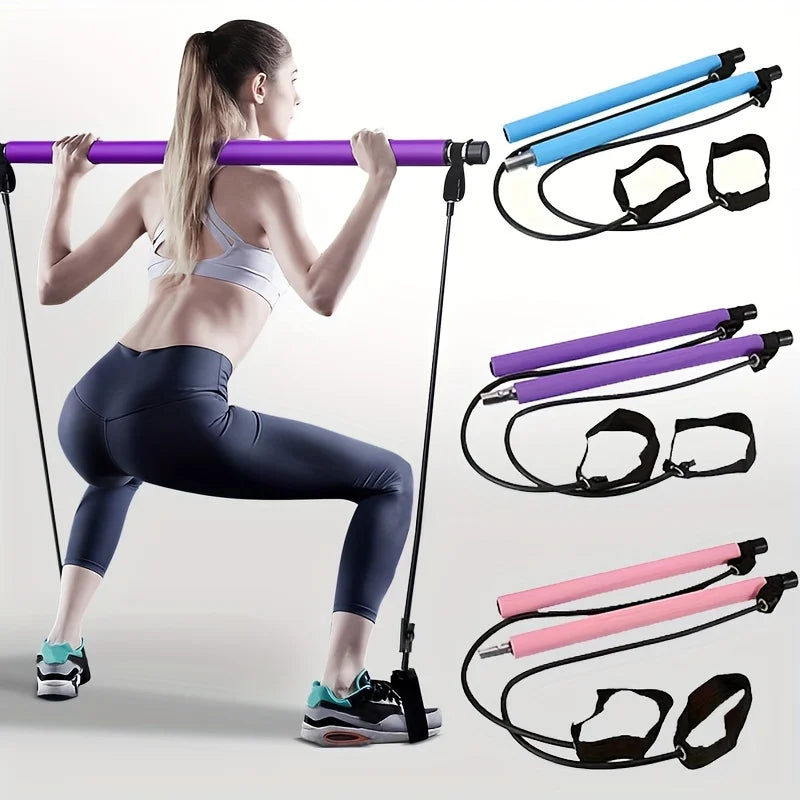 A woman in workout attire skillfully uses the IPCBEC Multifunctional Pilates Bar Kit for her exercise routine. On the right, there are three different colored bars and resistance bands featuring adjustable buckles for customized tension.