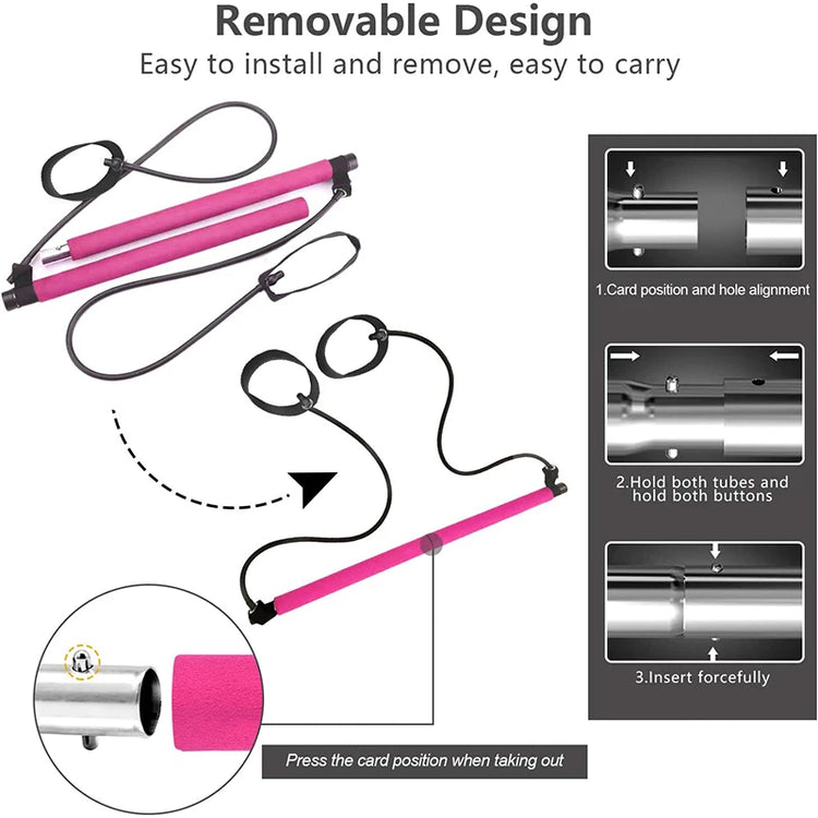 Illustration of the IPCBEC Multifunctional Pilates Bar featuring a removable design with wrist straps and an adjustable buckle, including step-by-step instructions for installation and removal with clearly labeled parts.