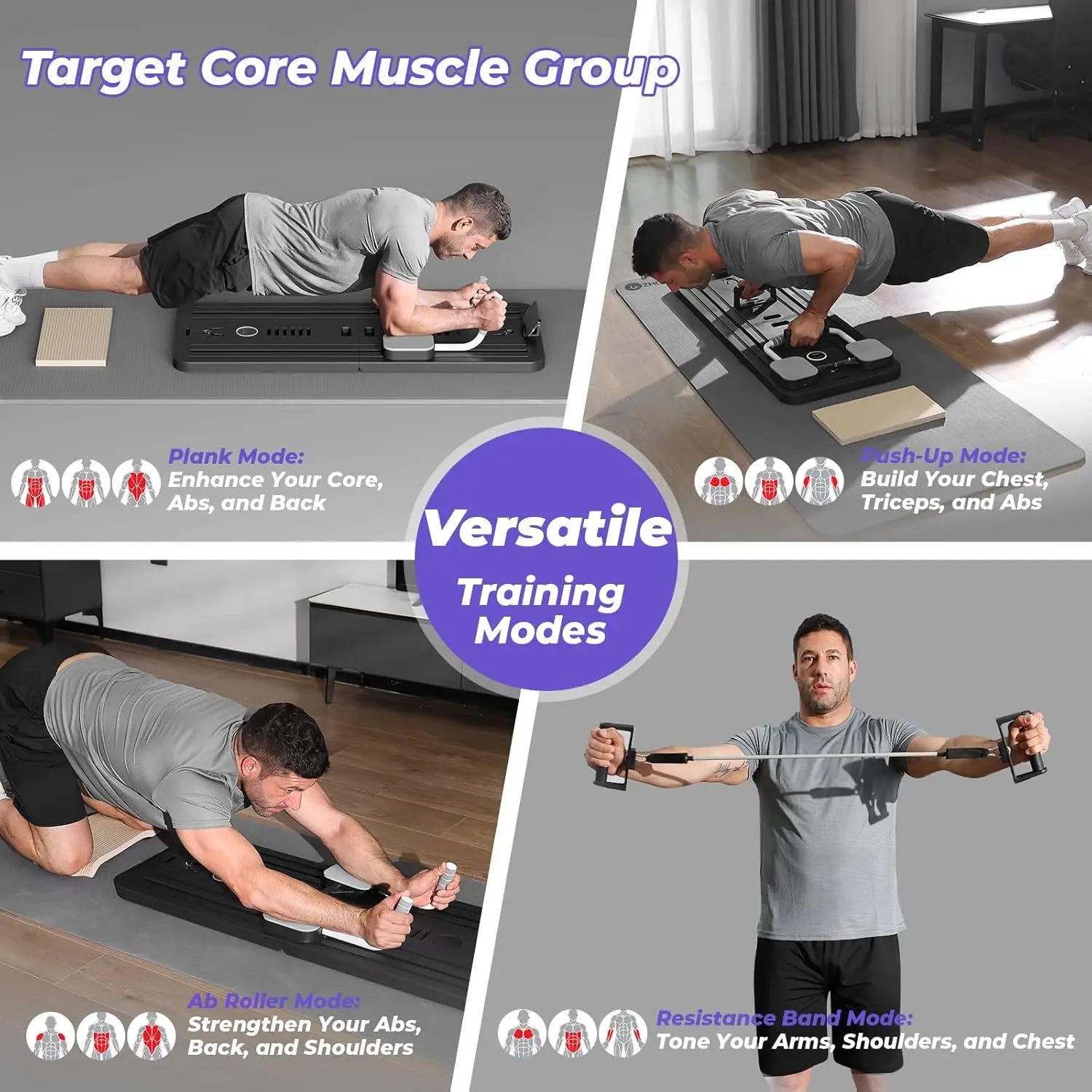 The images depict a man utilizing the Multifunctional Fitness Board 5in1 by NENC in various modes: plank, push-up, ab roller, and resistance band. The text highlights targeted muscle groups like the core, chest, and shoulders, emphasizing core strength workouts with this versatile piece of equipment.