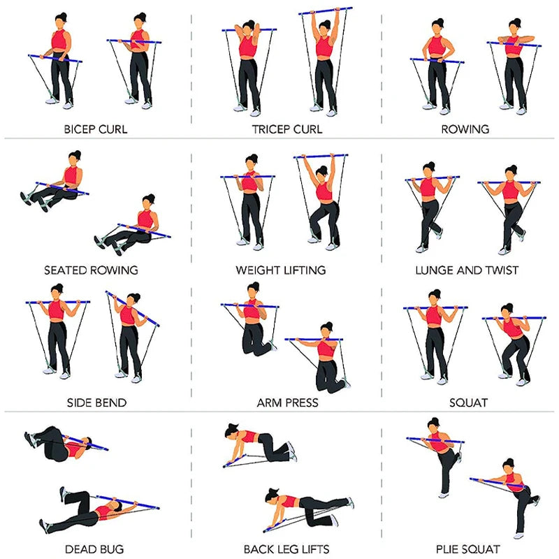 The Multifunctional Pilates Bar by IPCBEC features an illustrated guide of a person performing 12 exercises with resistance bands, such as bicep curls, tricep curls, and rowing. The kit includes a Pilates bar and adjustable buckle, making it ideal for a versatile workout experience.