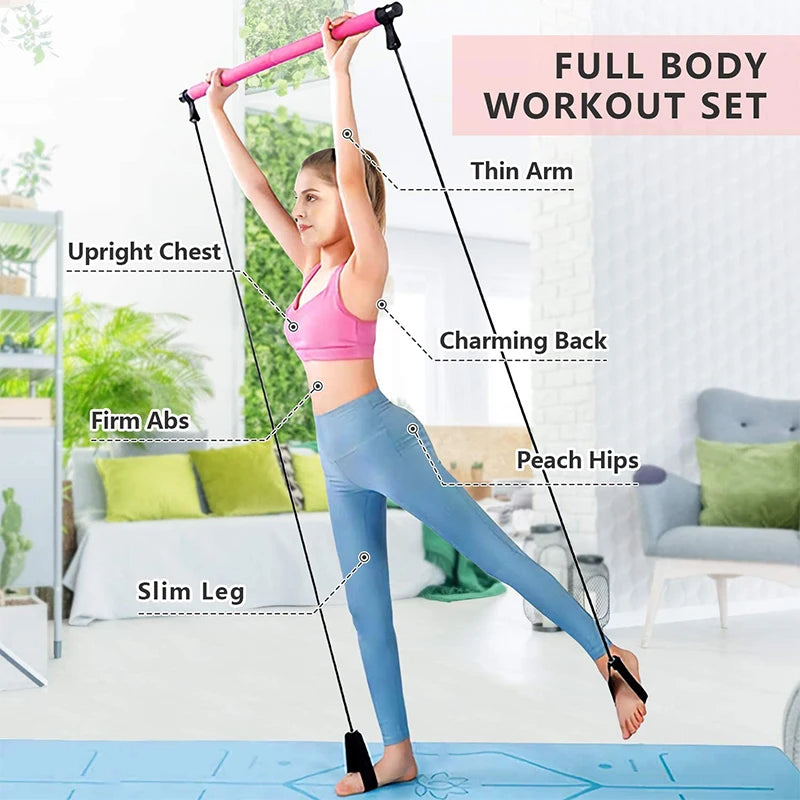 A woman is performing a full body workout with the IPCBEC Multifunctional Pilates Bar and adjustable resistance bands. Her abs and arms are highlighted to emphasize the exercise benefits, while an adjustable buckle ensures a customized fit for each movement.