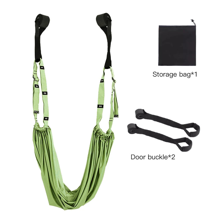 ST Original's Aerial Yoga Strap comes in green and features two door buckles, a black storage bag, and an adjustable stretch strap to enhance your yoga skills.